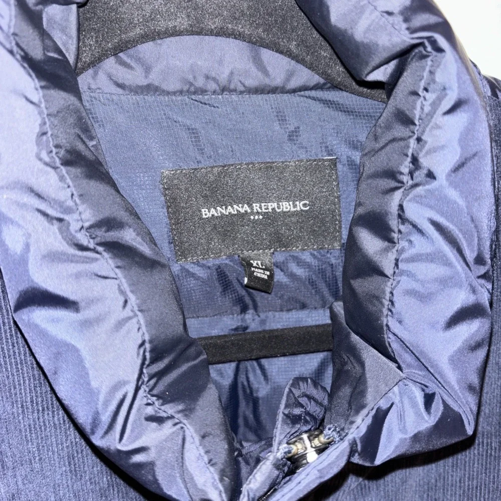 BANANA REPUBLIC Men XL Navy Down Quilted Puffer Vest Corduroy Panel Snap Pockets
